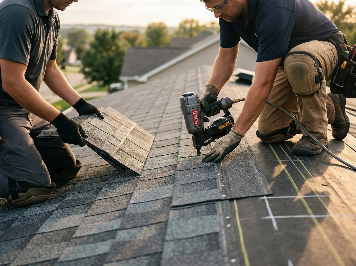 Professional roofer working on a residential roof in Beardstown